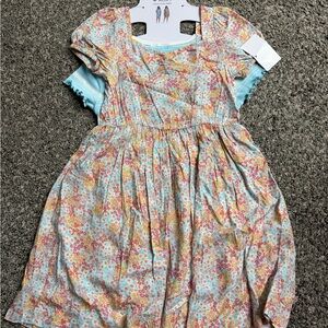 Floral Kids Dress with Blue Accents